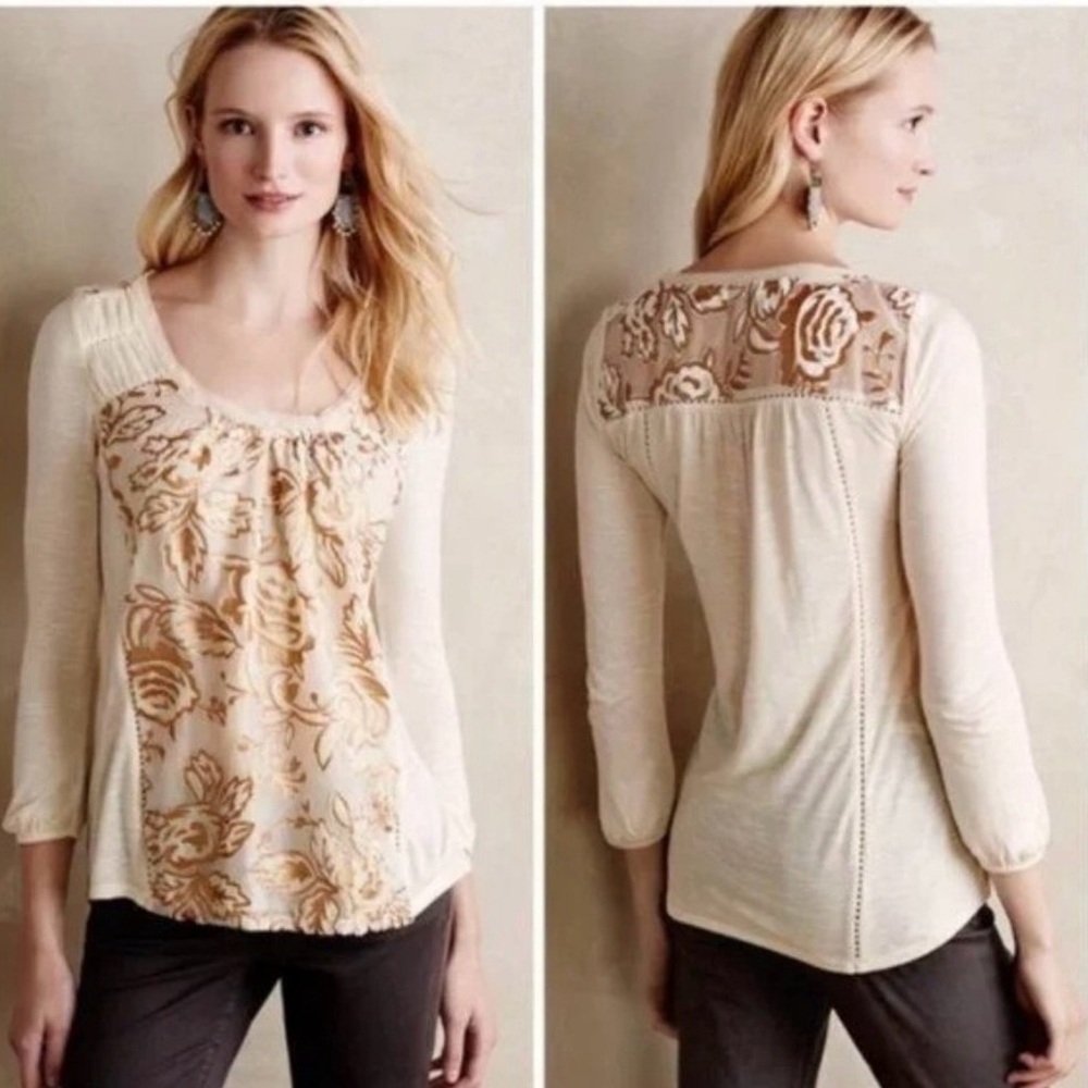 MEADOW RUE ANTHROPOLOGIE Women’s Ivory Gold Velvet Burnout MARIANA Top Size XSP